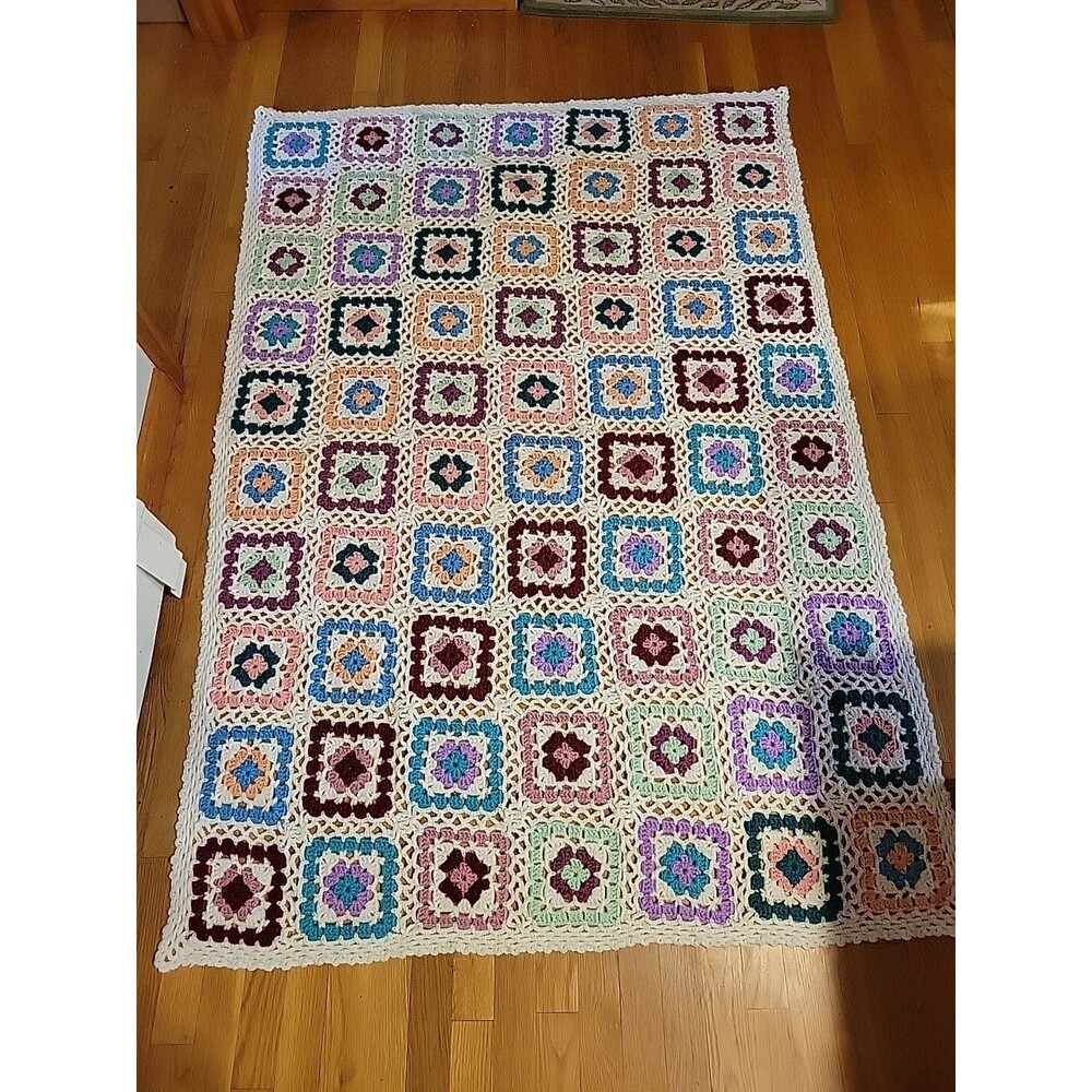 Vtg Handmade Knit Crochet Afghan Throw Blanket Grannycore Granny Square